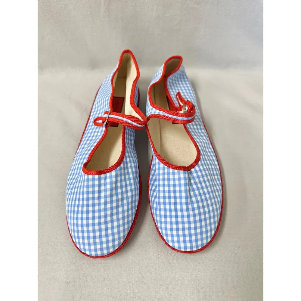 Via I Lilly Sisto Florence Mary Jane Cotton Gingham Blue Red Flats Euro 40 Italy